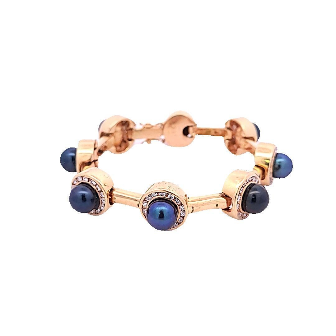 1.96 Carat Round Brilliant Diamond and Pearl 14 K Yellow Gold Link Bracelet For Sale 2