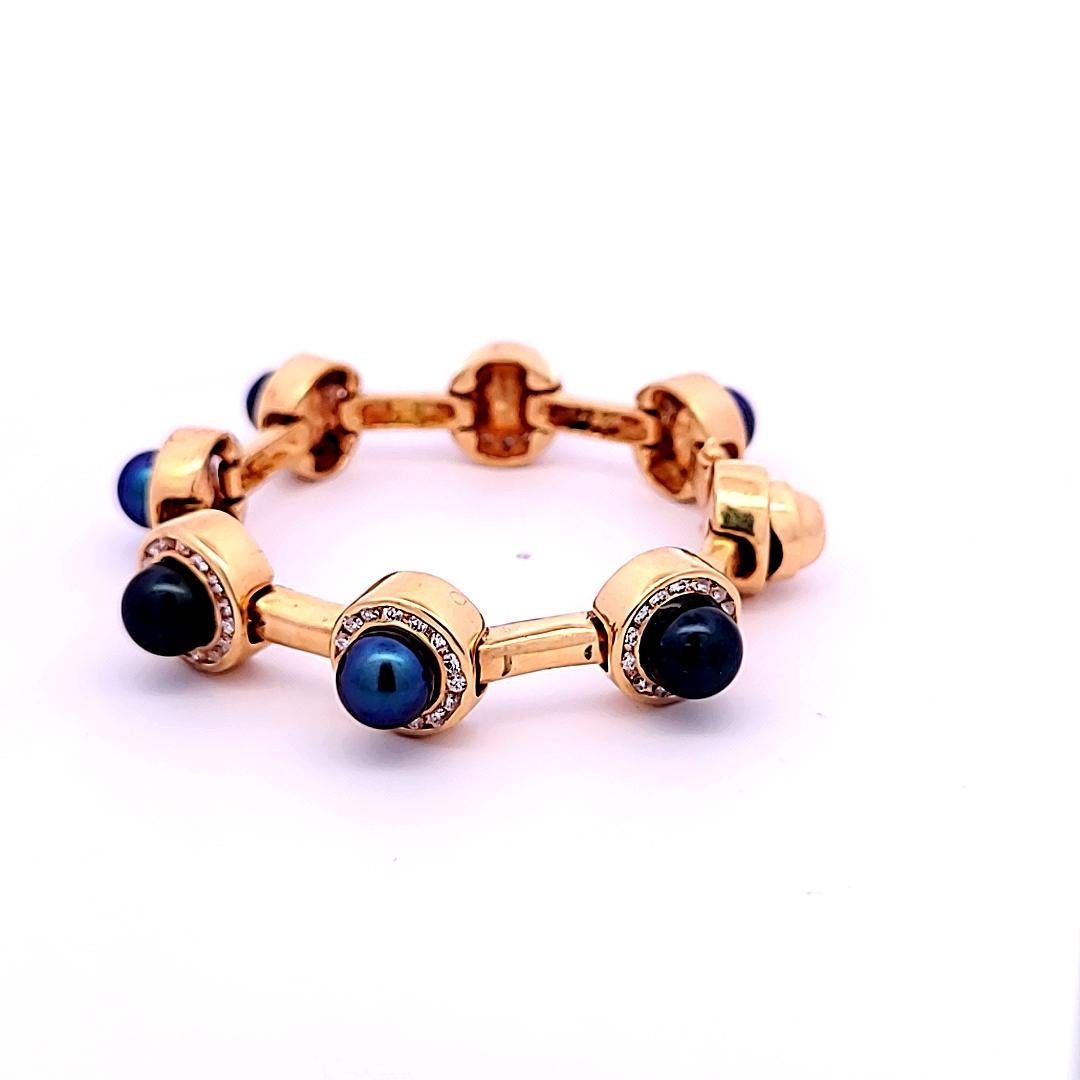 1.96 Carat Round Brilliant Diamond and Pearl 14 K Yellow Gold Link Bracelet For Sale 3