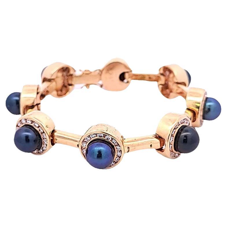 1.96 Carat Round Brilliant Diamond and Pearl 14 K Yellow Gold Link Bracelet For Sale