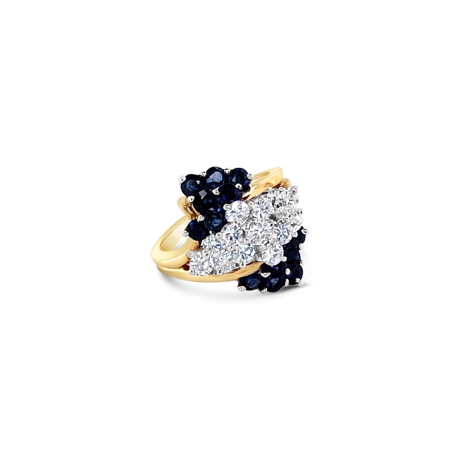 1.96 Carat (total weight) Sapphire and 1.33 Carat (total weight) Brilliant Cut Diamond Cluster Ring set in Platinum mounting with 18K Yellow Gold ring.