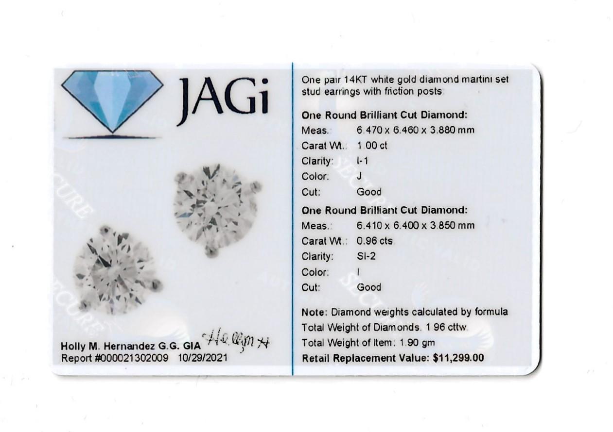 1.96 Carats Total Round Brilliant Solitaire Diamond Stud Earrings in White Gold For Sale 5