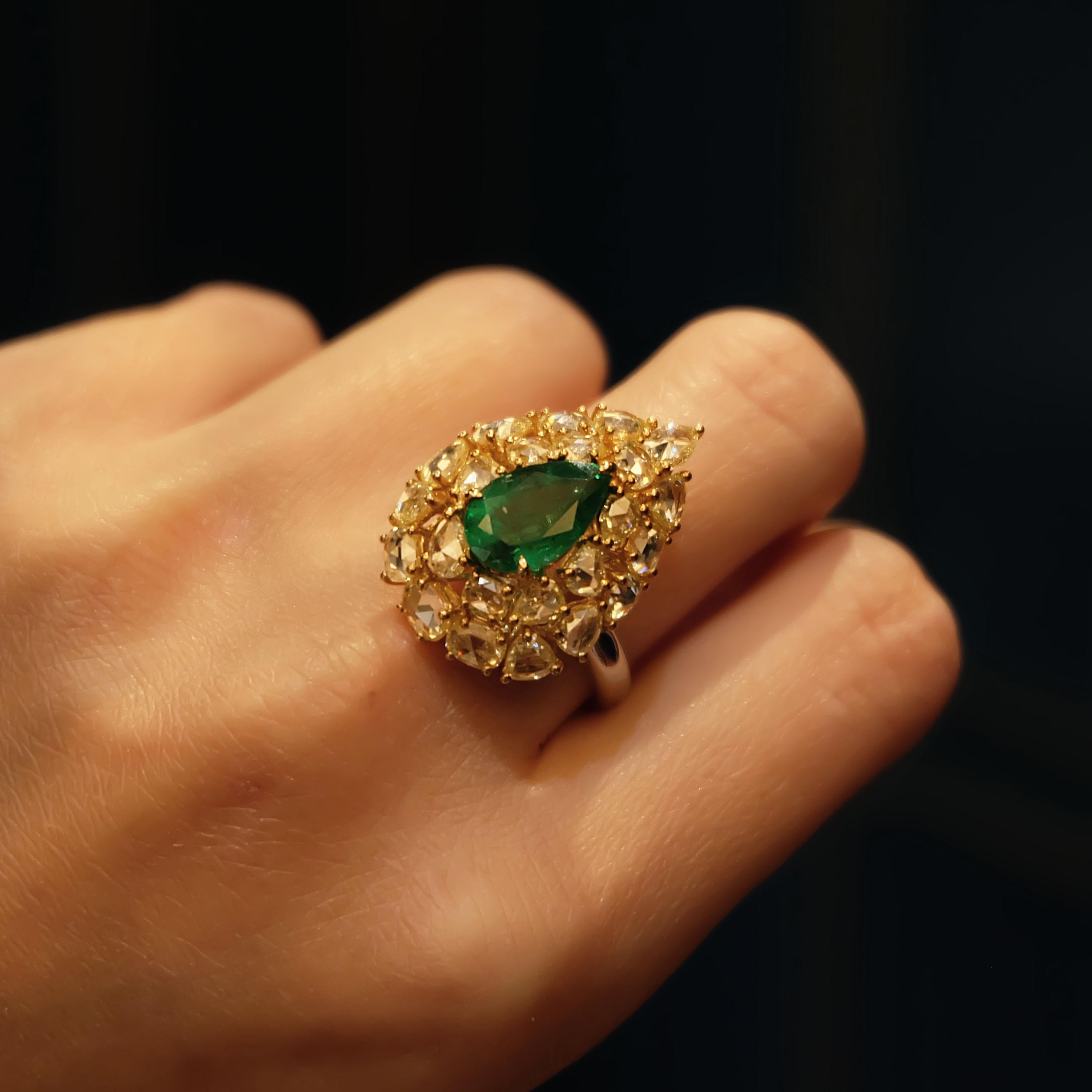 Women's 1.96 Carat Vivid Green Emerald and 2.48 Carat Yellow Diamond Cocktail Ring