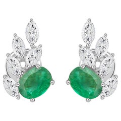 1.96 Ct Natural Zambian Emerald 1.24 Ct Diamond Crescent Earrings 18K White Gold