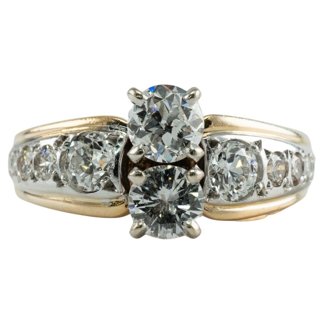 Bague de fiançailles de mariage vintage à deux pierres en or 14 carats avec diamants de 1,96 ct. pt.