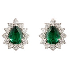 1.96 Ctw Natural Emerald and Diamond Halo Stud Earrings in 18K White Gold