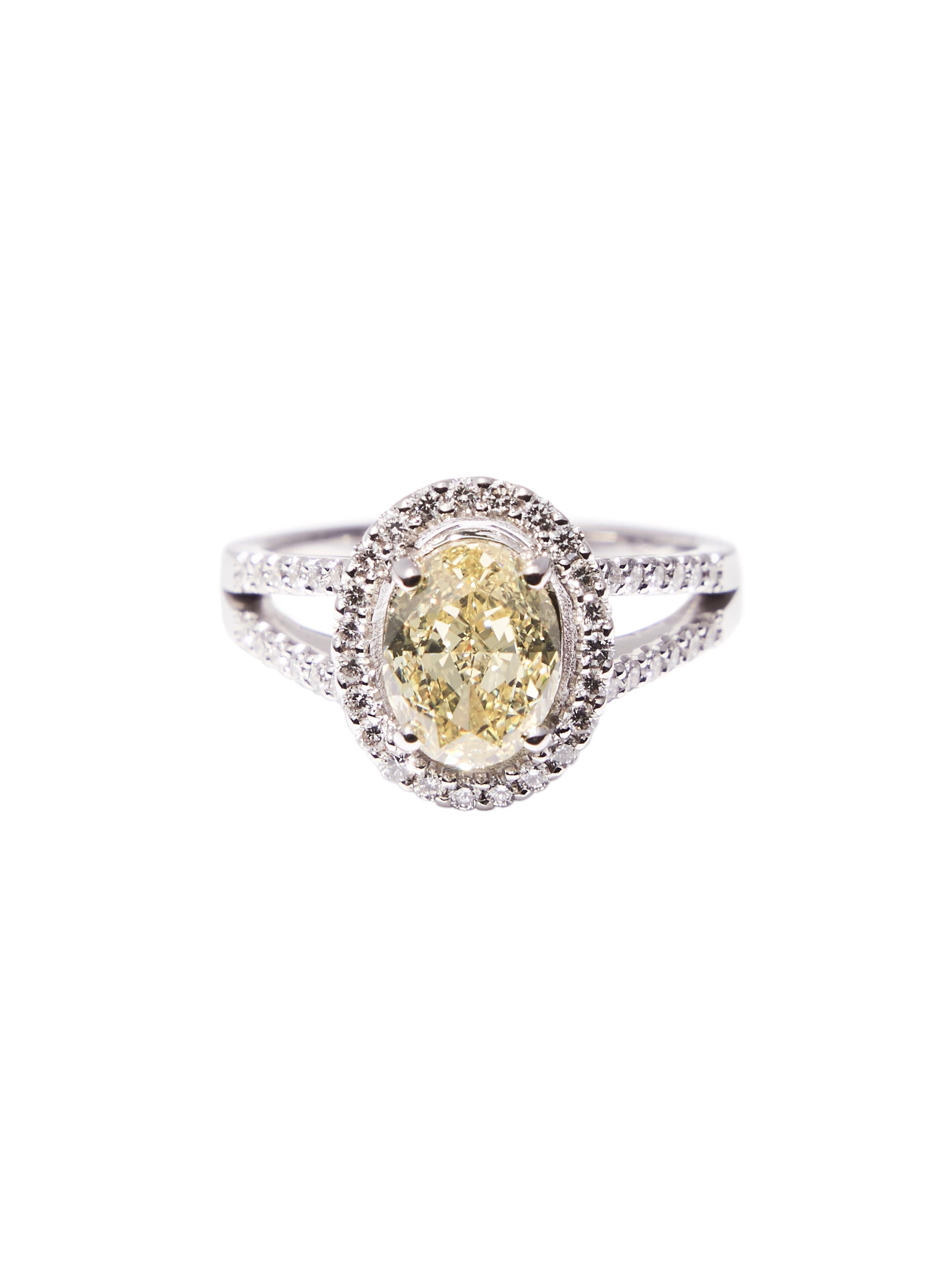 Oval Cut 1.96 Fancy Yellow Natural Diamond GIA Certificate White Gold Diamond Halo Ring