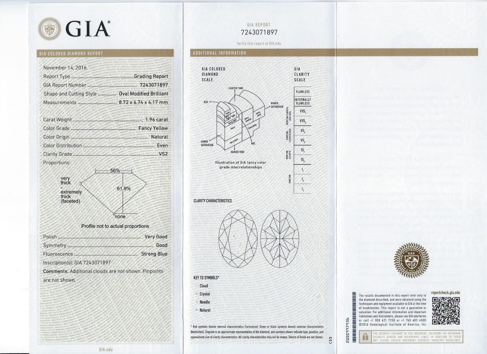 1.96 Fancy Yellow Natural Diamond GIA Certificate White Gold Diamond Halo Ring In New Condition In Amsterdam, NL