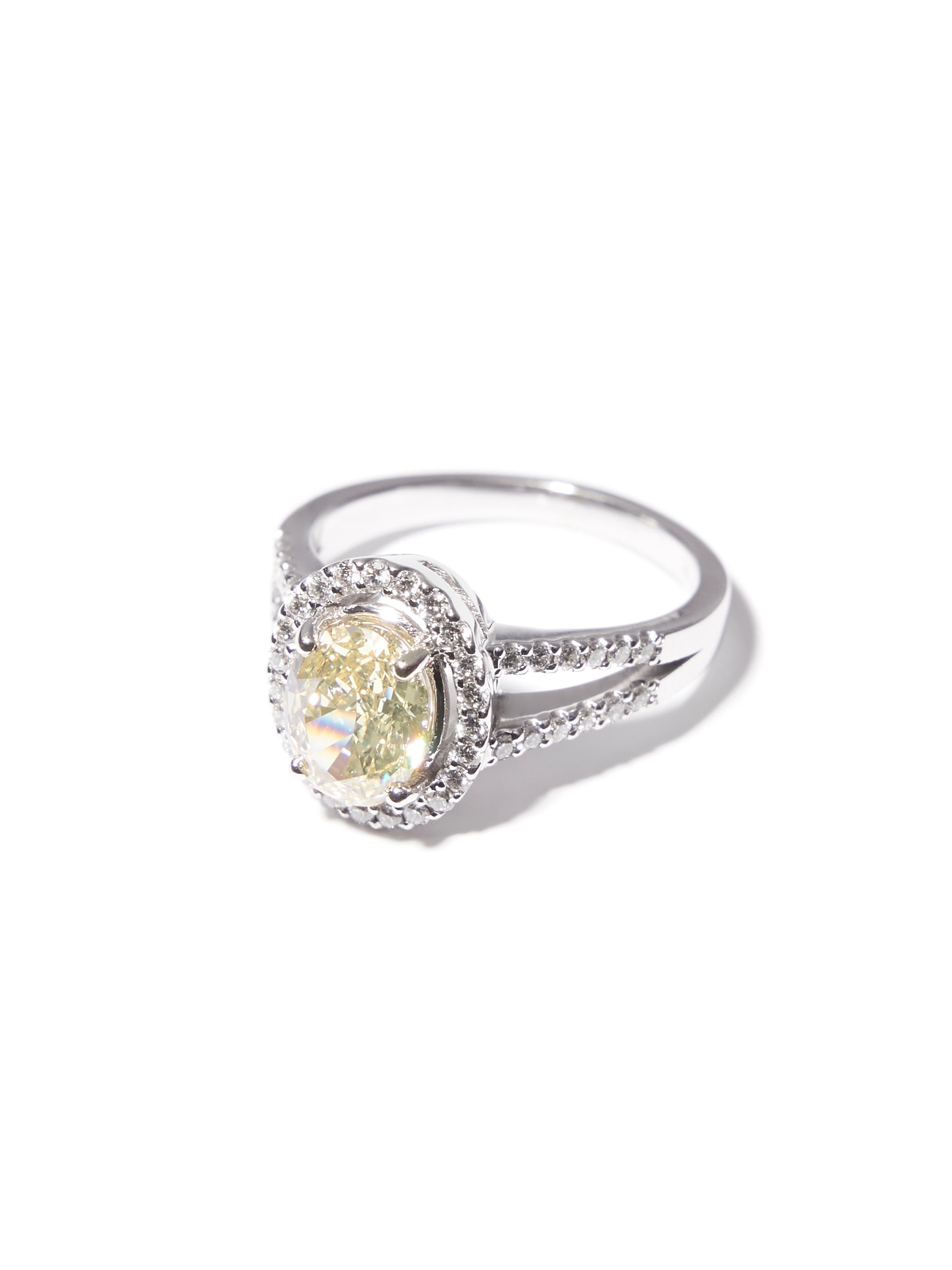 Women's 1.96 Fancy Yellow Natural Diamond GIA Certificate White Gold Diamond Halo Ring