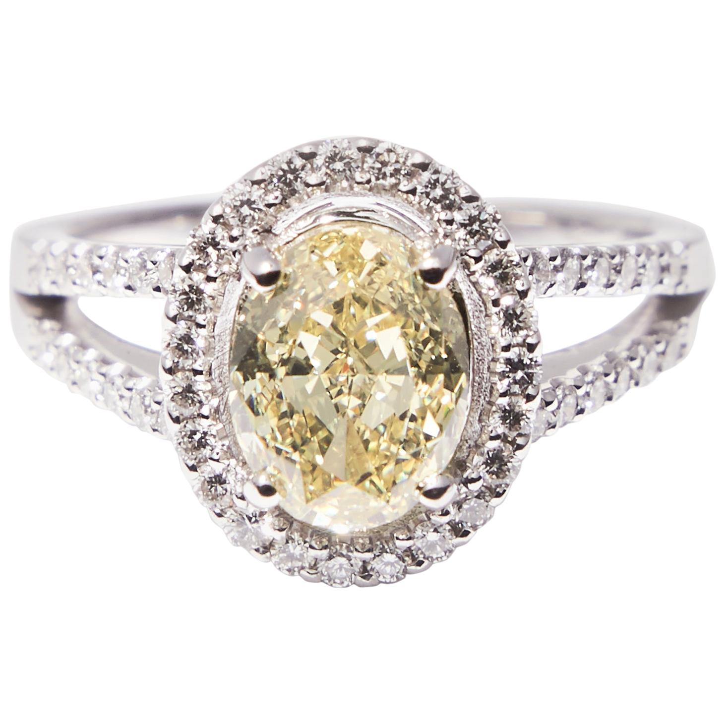 1.96 Fancy Yellow Natural Diamond GIA Certificate White Gold Diamond Halo Ring