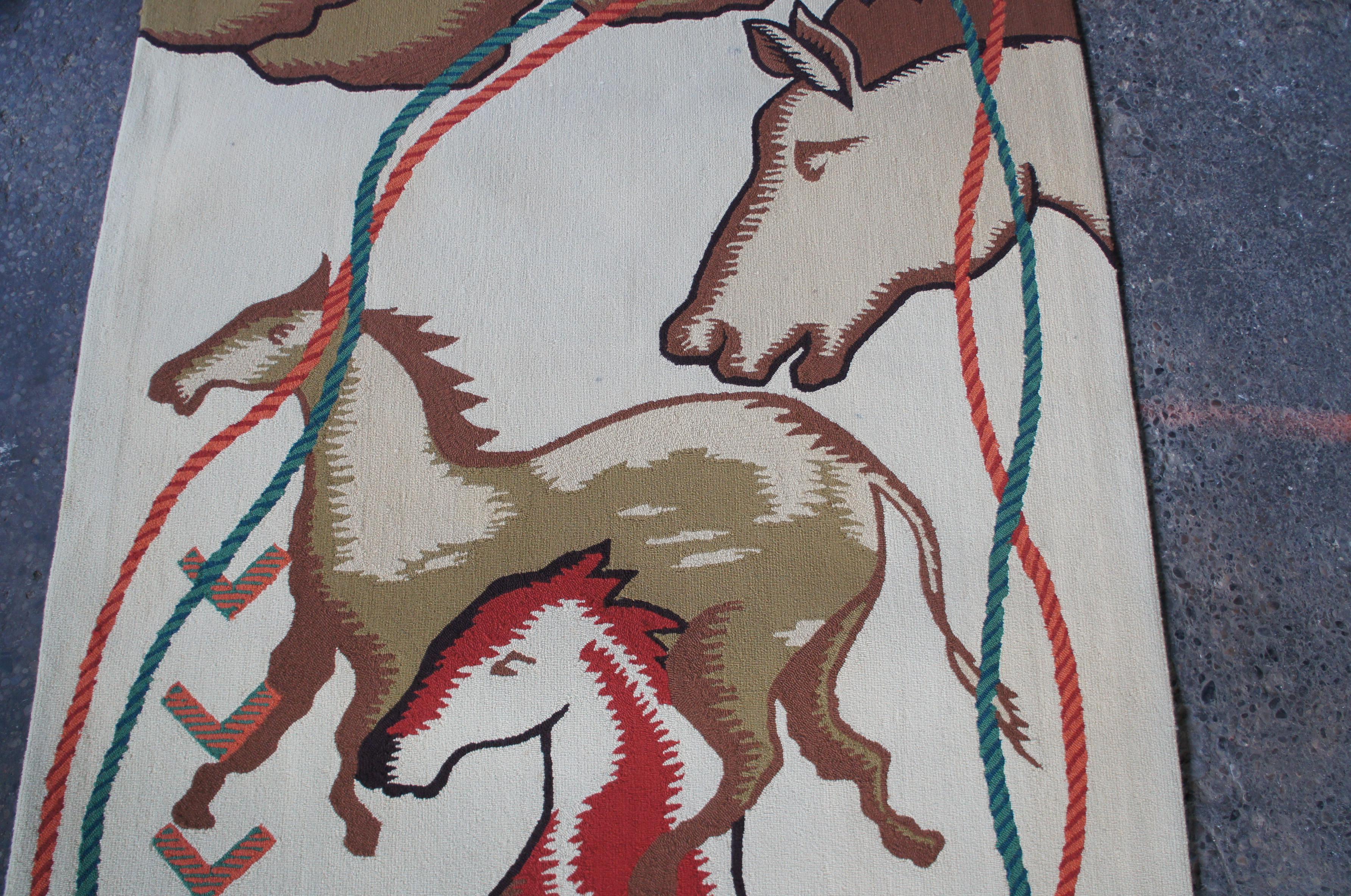 20th Century Hand Tufted Wool Southwestern Rug Horse Bison Buffalo Hall Runner Ranch For Sale