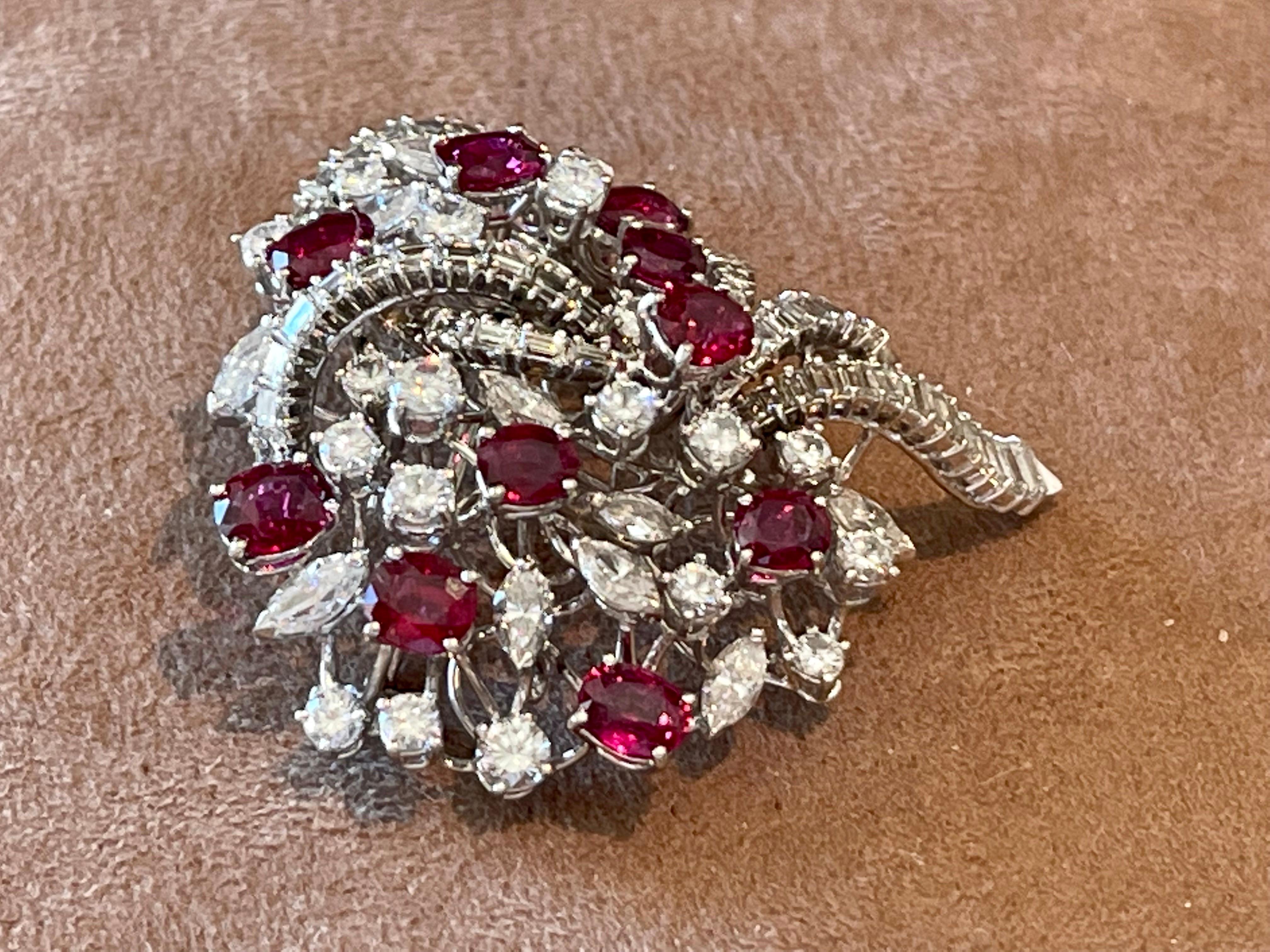 1960 18 K white Gold cluster Vintage Ruby Diamonds Brooch  For Sale 4