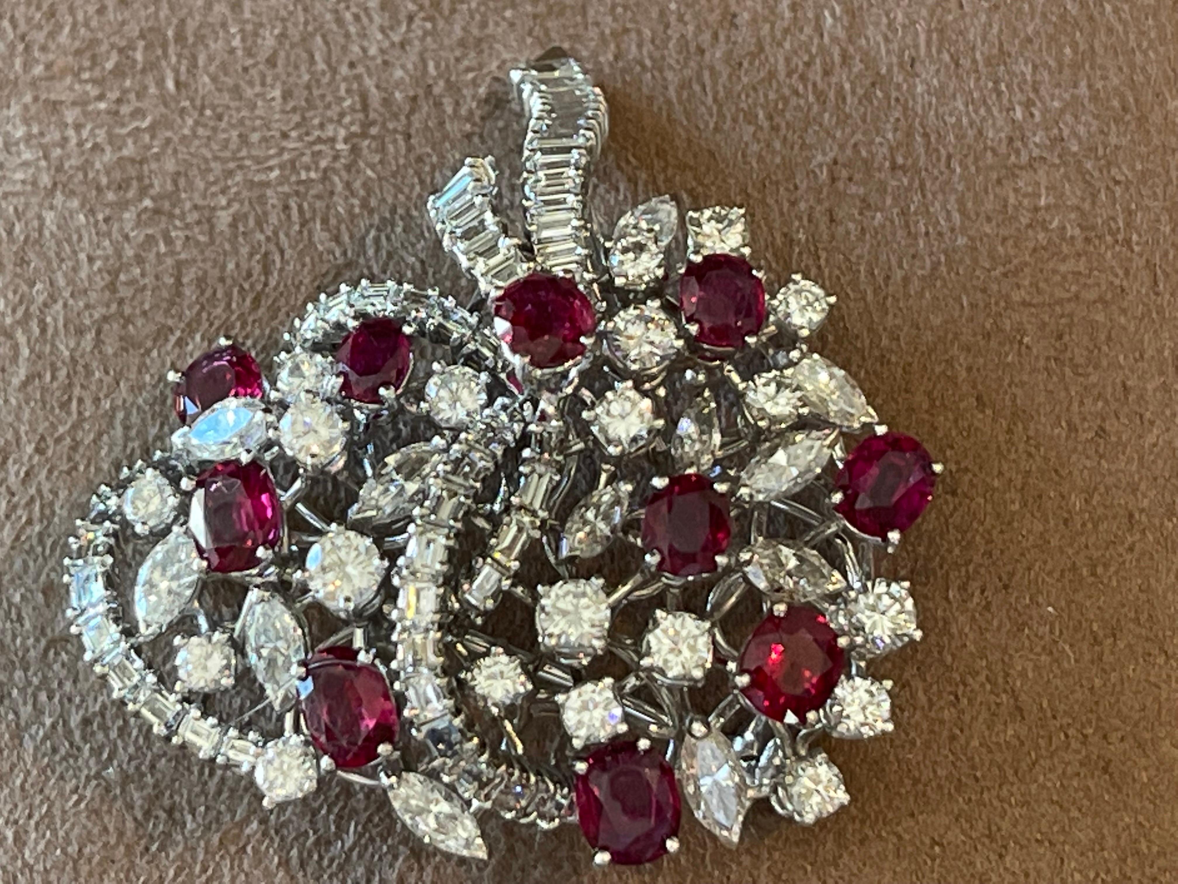 Baguette Cut 1960 18 K white Gold cluster Vintage Ruby Diamonds Brooch  For Sale