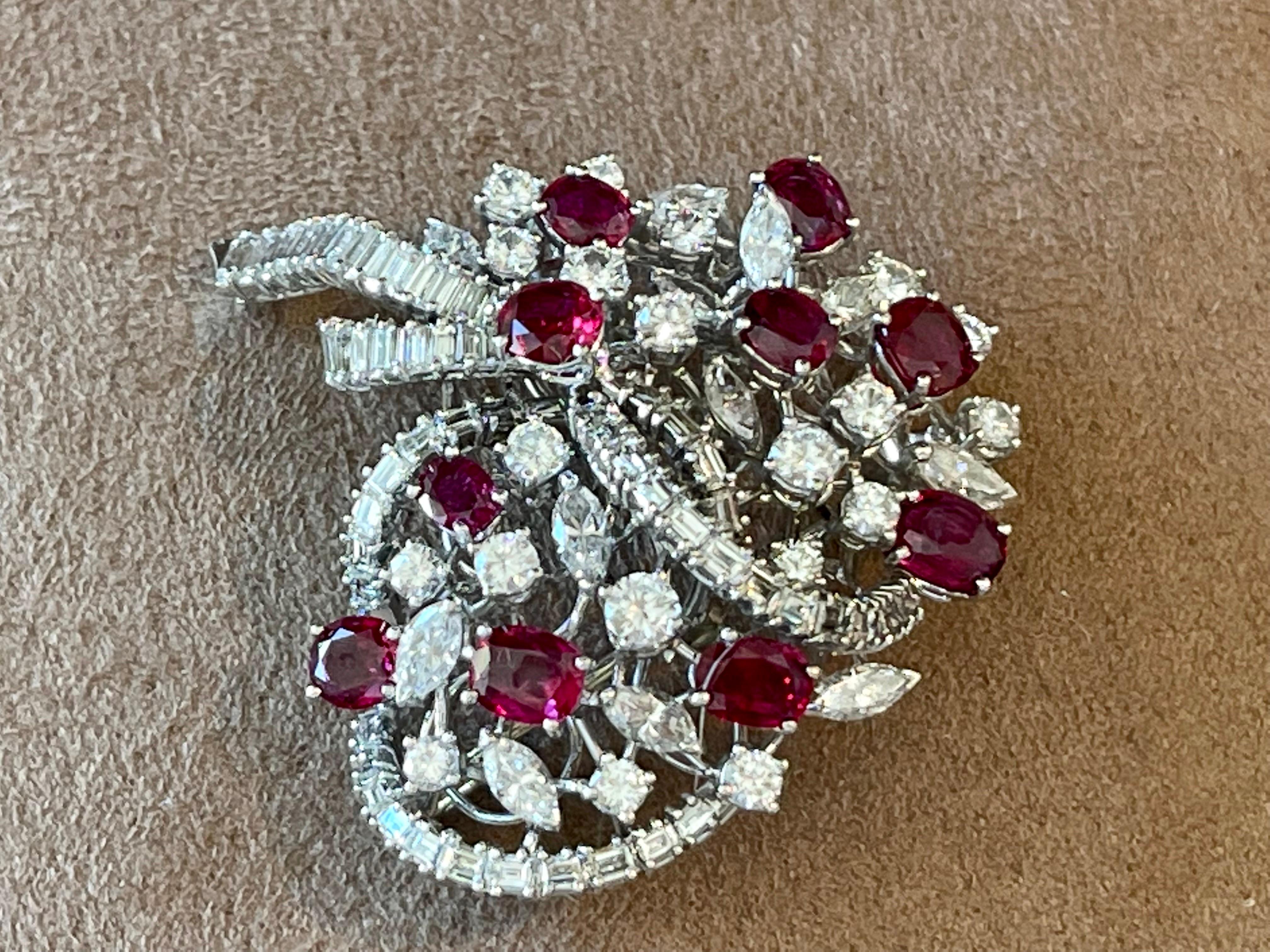 Baguette Cut 1960 18 K white Gold cluster Vintage Ruby Diamonds Brooch  For Sale