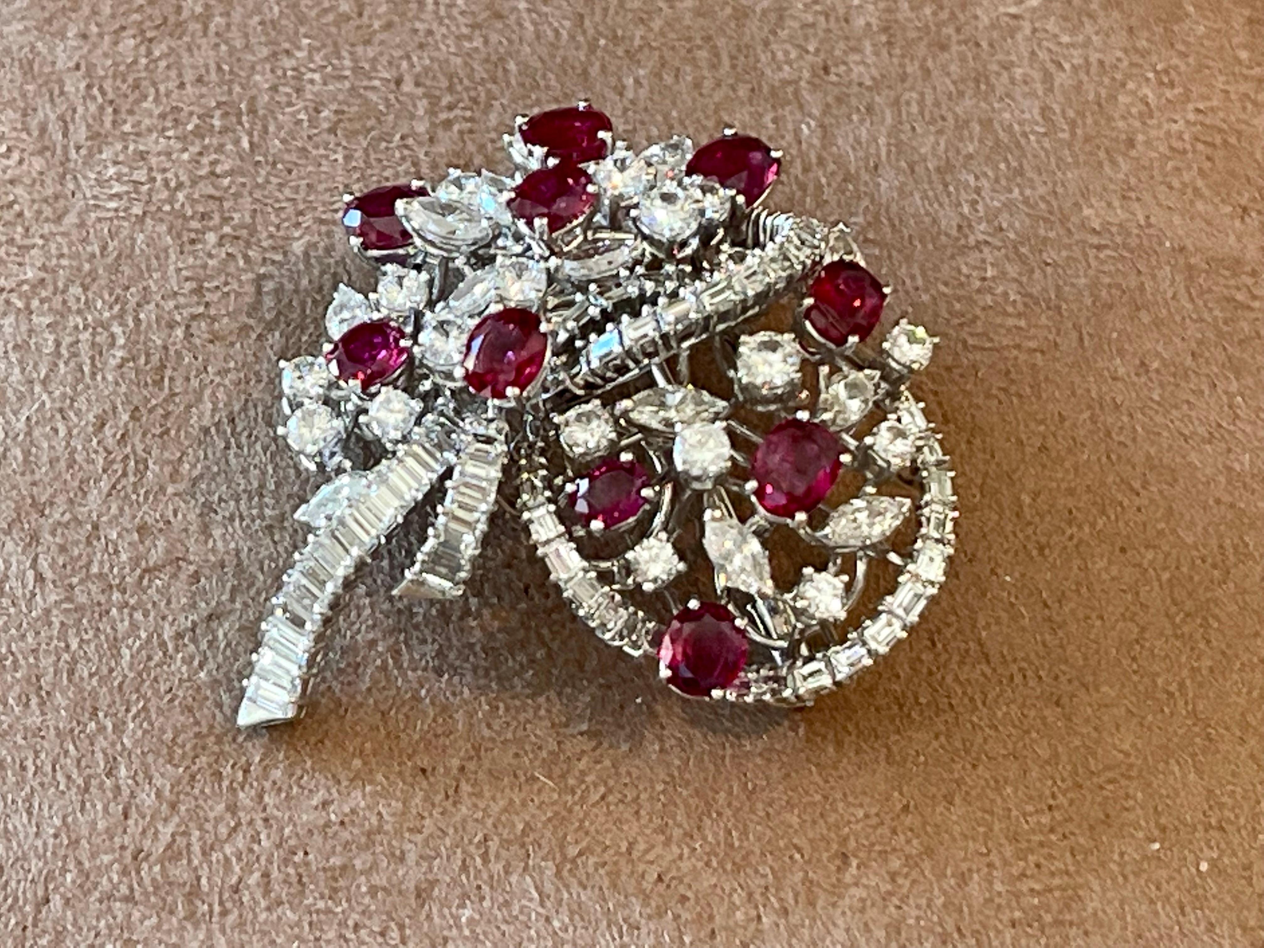 Women's 1960 18 K white Gold cluster Vintage Ruby Diamonds Brooch  For Sale