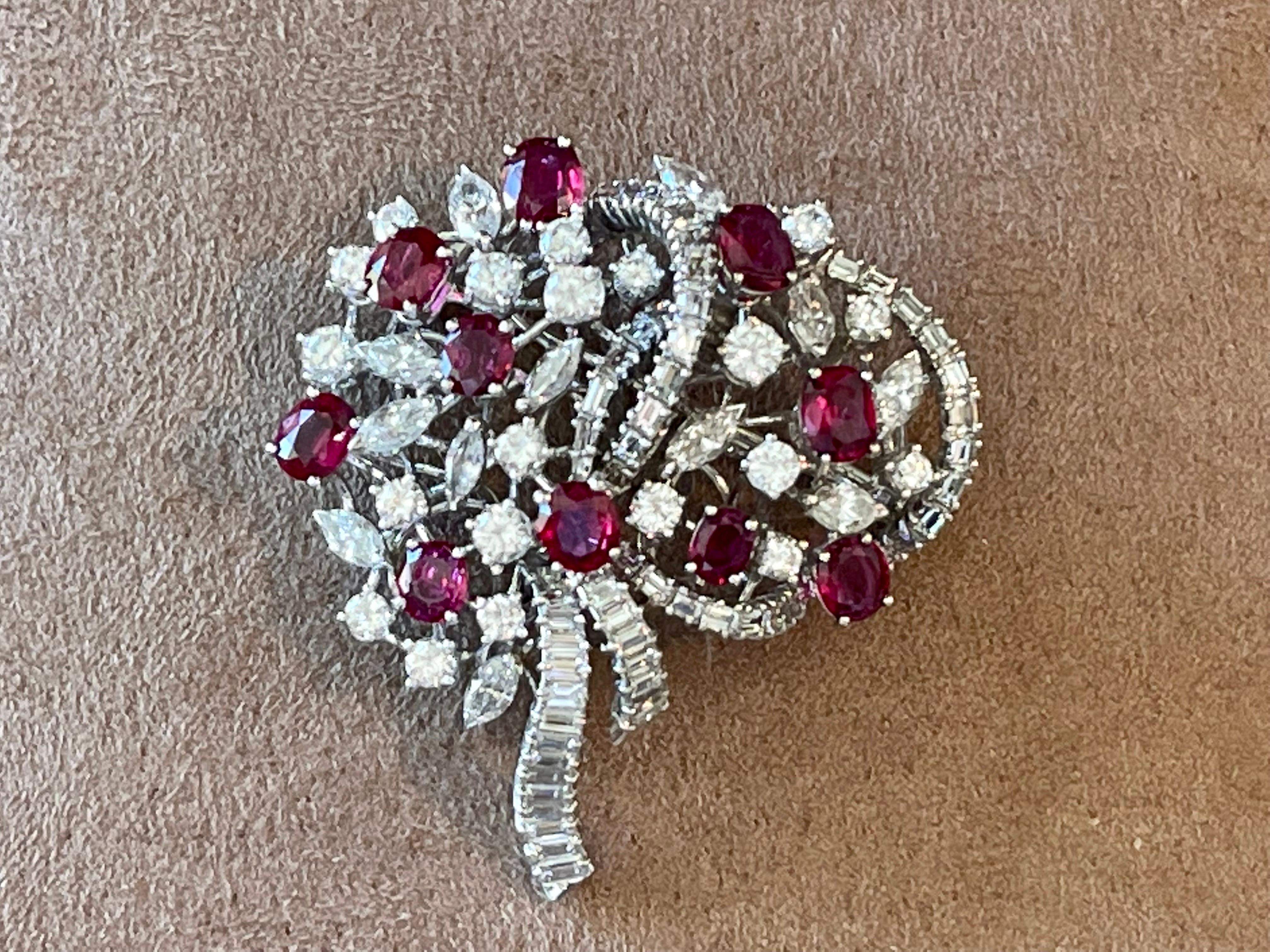 1960 18 K white Gold cluster Vintage Ruby Diamonds Brooch  For Sale 1