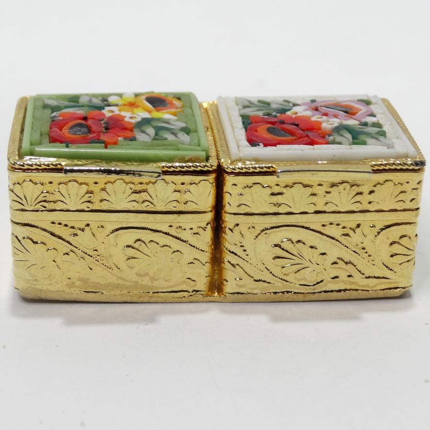 Beautiful mosaic design pill box circa 1960s! This unique piece of art is the perfect addition for any collectors homeware collection! 18K gold plated pill box is contrasted by the most intricate hand painted flower design in vibrant colors. Look