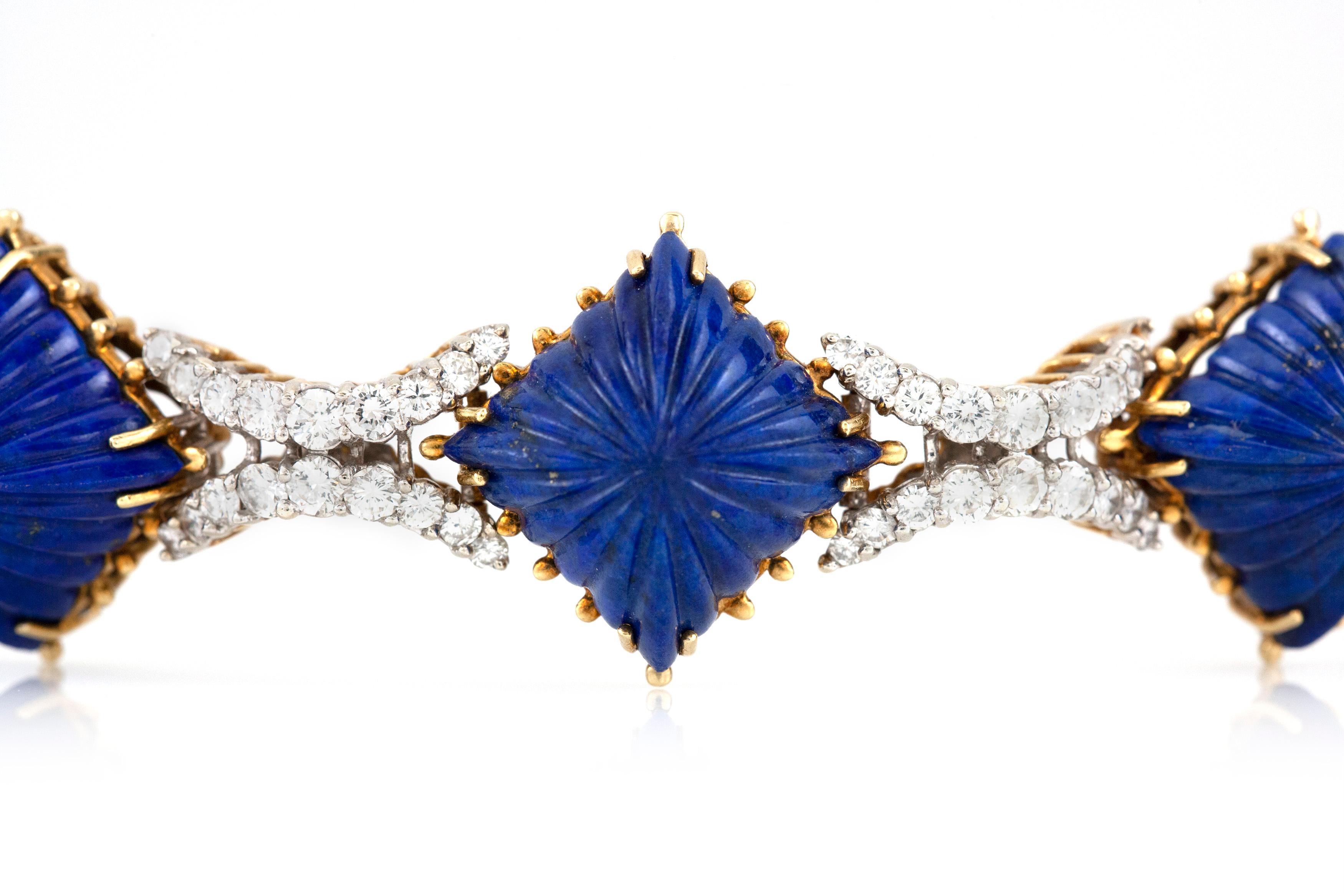 The bracelet is finely crafted in 18k yellow gold with five lapis and diamonds weighing approximately total of 6.00 carat.