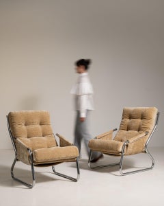 1960-1969 Czech Republic Warm Camel Boucle Pair Of Chrome-Frame Lounge Chairs
