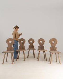 1960-1969 France Bleached Oak Set Of Heart-Carved Folk Chairs