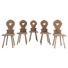 1960-1969 France Bleached Oak Set Of Heart-Carved Folk Chairs