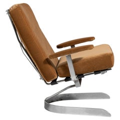1960-1969 Germany Warm Tan Leather Chrome-Frame Swivel Chair