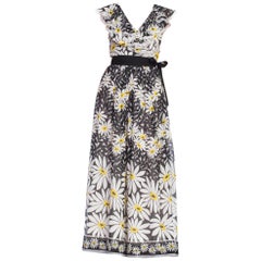 1970S Black & White Cotton Voile Flower Power Daisy Print Ruffled Lace Dress