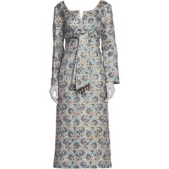 1960S EMIL T.VALDES OF MANILA Blue 
Gold Rayon/Lurex Matelassé Sleeved Gown Wi