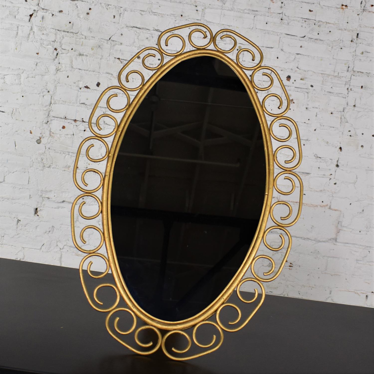 Unknown 1960-1970’s Hollywood Regency Bohemian Free Standing Mirror Gold Painted Wicker  For Sale
