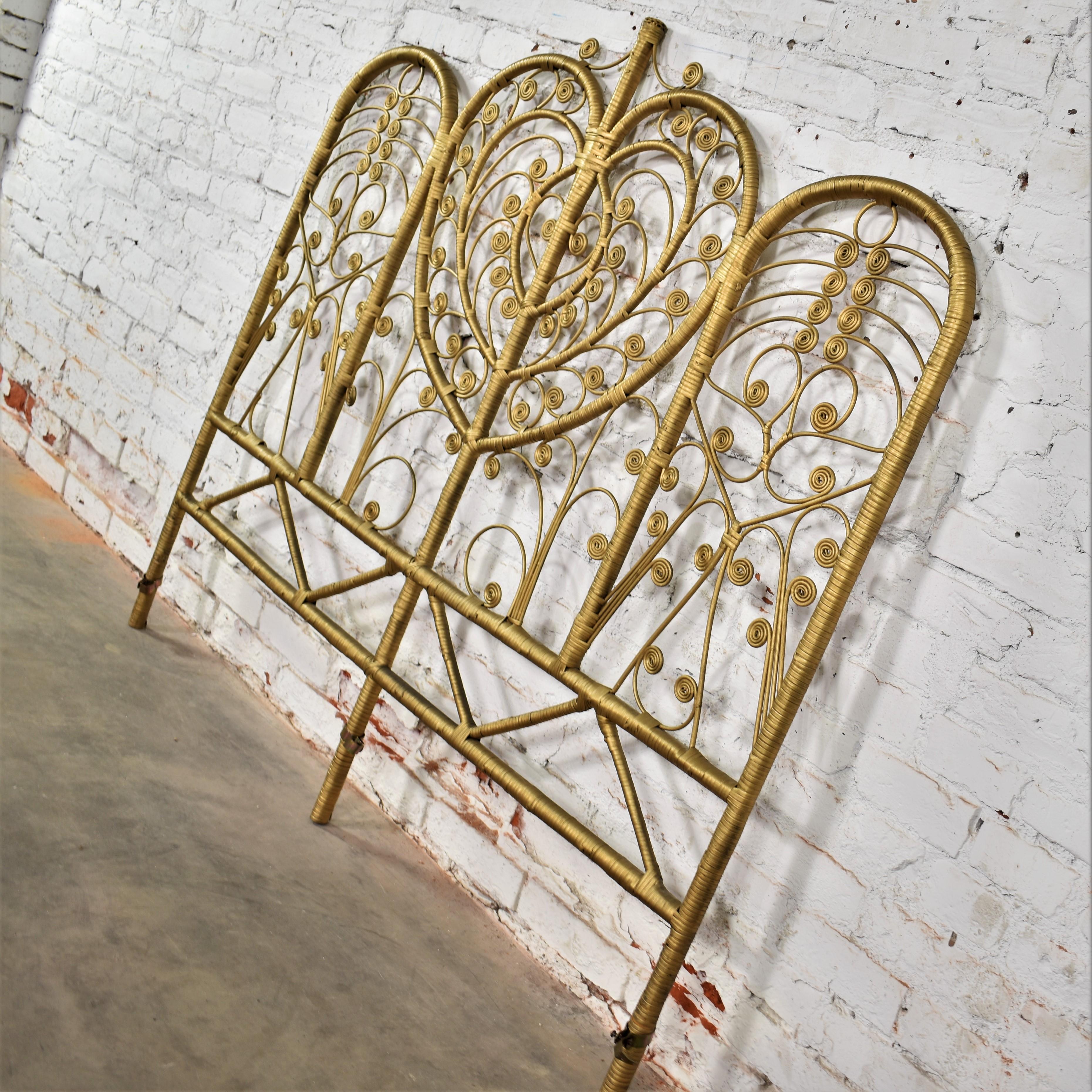 1960-1970’s Hollywood Regency Bohemian Gold Painted Wicker Full Sized Headboard  In Good Condition For Sale In Topeka, KS