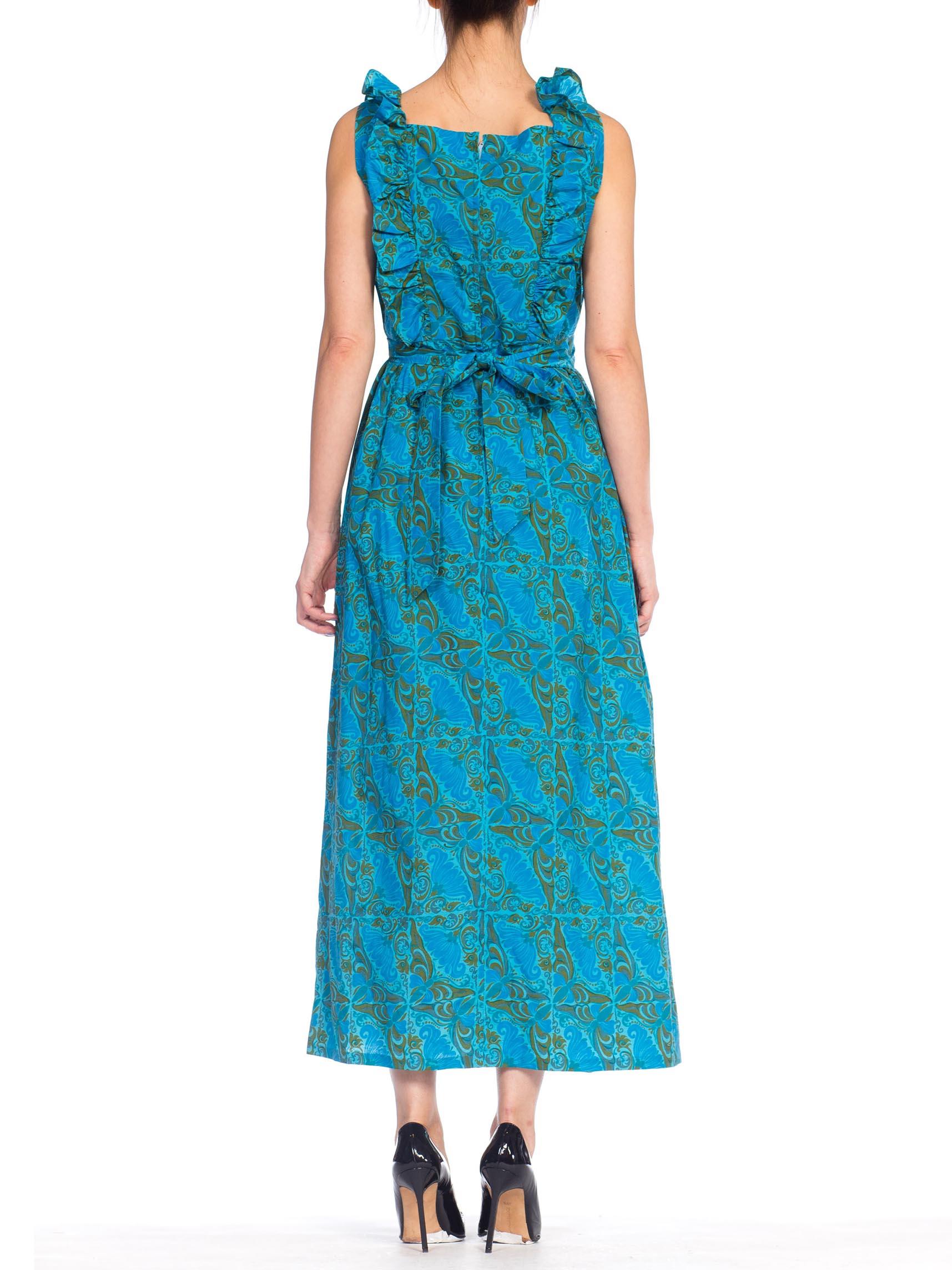 1960S Blue Hand Printed Cotton Butterfly Print Maxi Dress With Ruffles In Excellent Condition In New York, NY