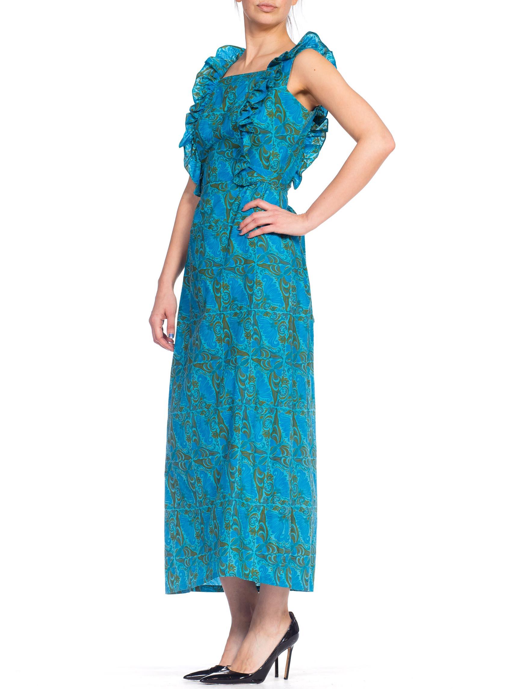 Women's 1960S Blue Hand Printed Cotton Butterfly Print Maxi Dress With Ruffles