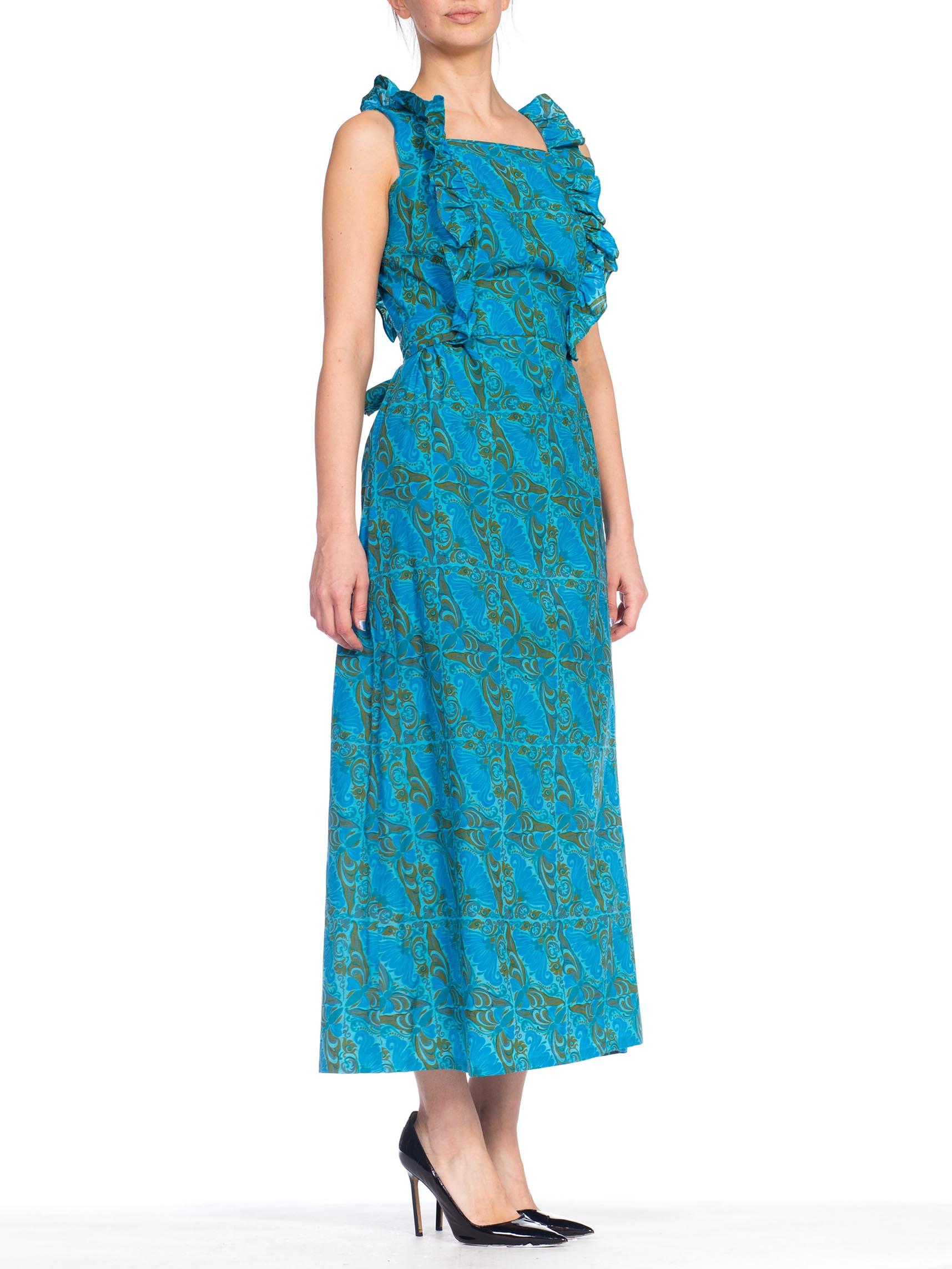 1960S Blue Hand Printed Cotton Butterfly Print Maxi Dress With Ruffles 1