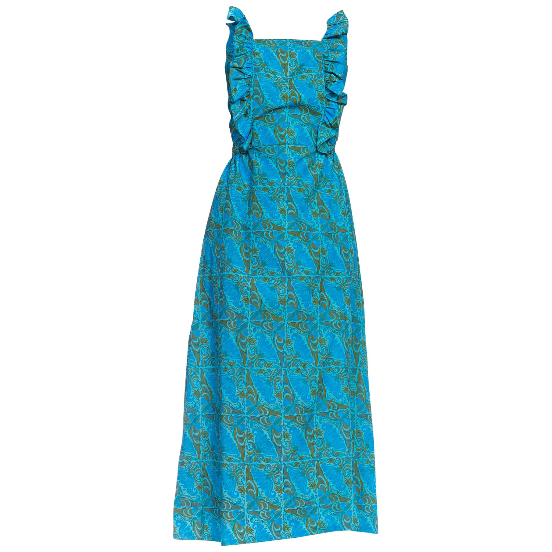 1960S Blue Hand Printed Cotton Butterfly Print Maxi Dress With Ruffles