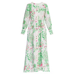 1970er Jahre Lilly Pulitzer grün & rosa Blumen-Baumwoll-Spitzenkleid Sz L