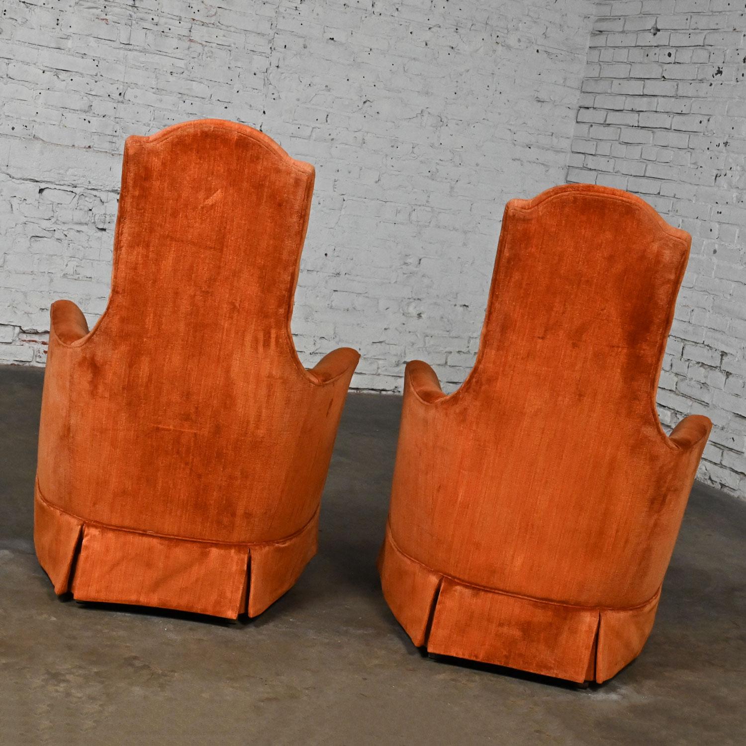 1960-1970’s Lounge Club Chairs Hollywood Regency High Back Orange Velvet a Pair 5