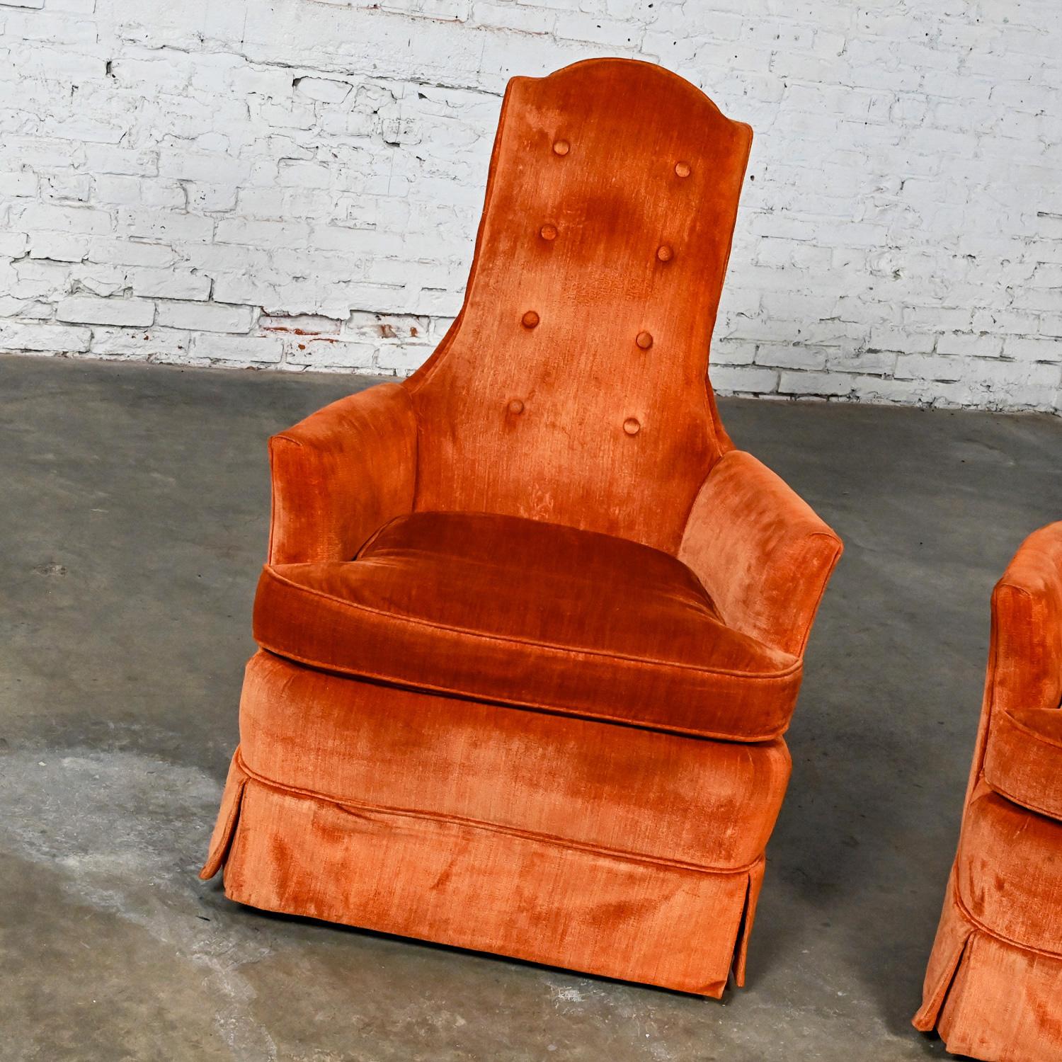 1960-1970’s Lounge Club Chairs Hollywood Regency High Back Orange Velvet a Pair In Good Condition In Topeka, KS
