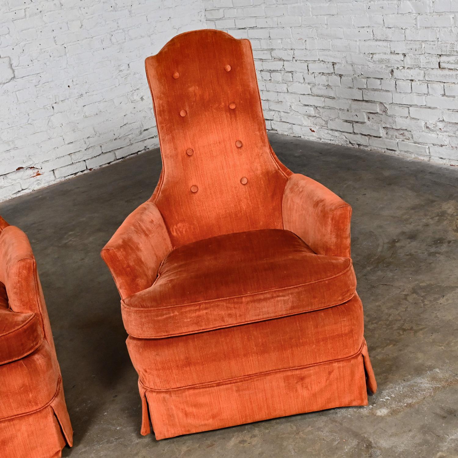 1960-1970’s Lounge Club Chairs Hollywood Regency High Back Orange Velvet a Pair In Good Condition In Topeka, KS