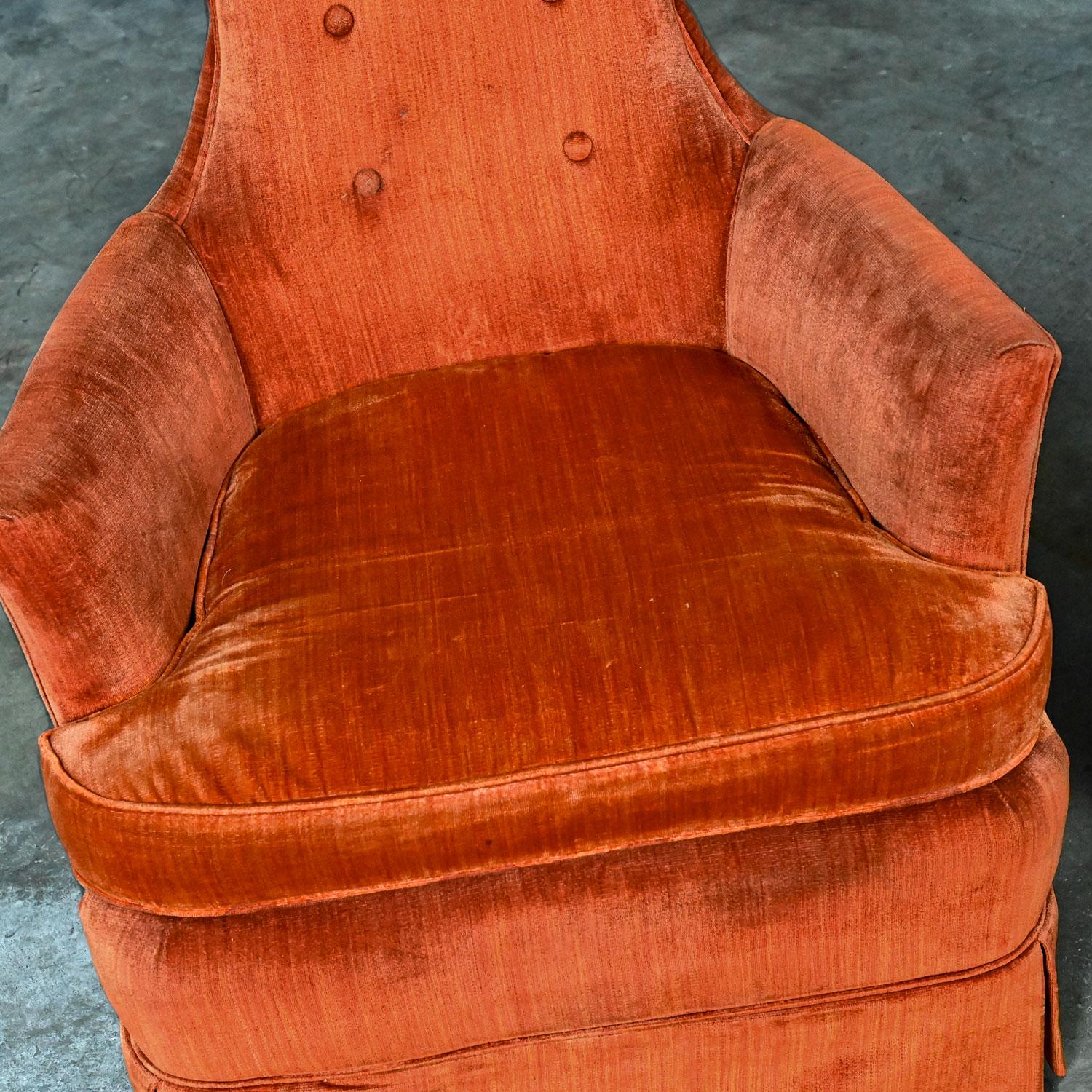 1960-1970’s Lounge Club Chairs Hollywood Regency High Back Orange Velvet a Pair 2