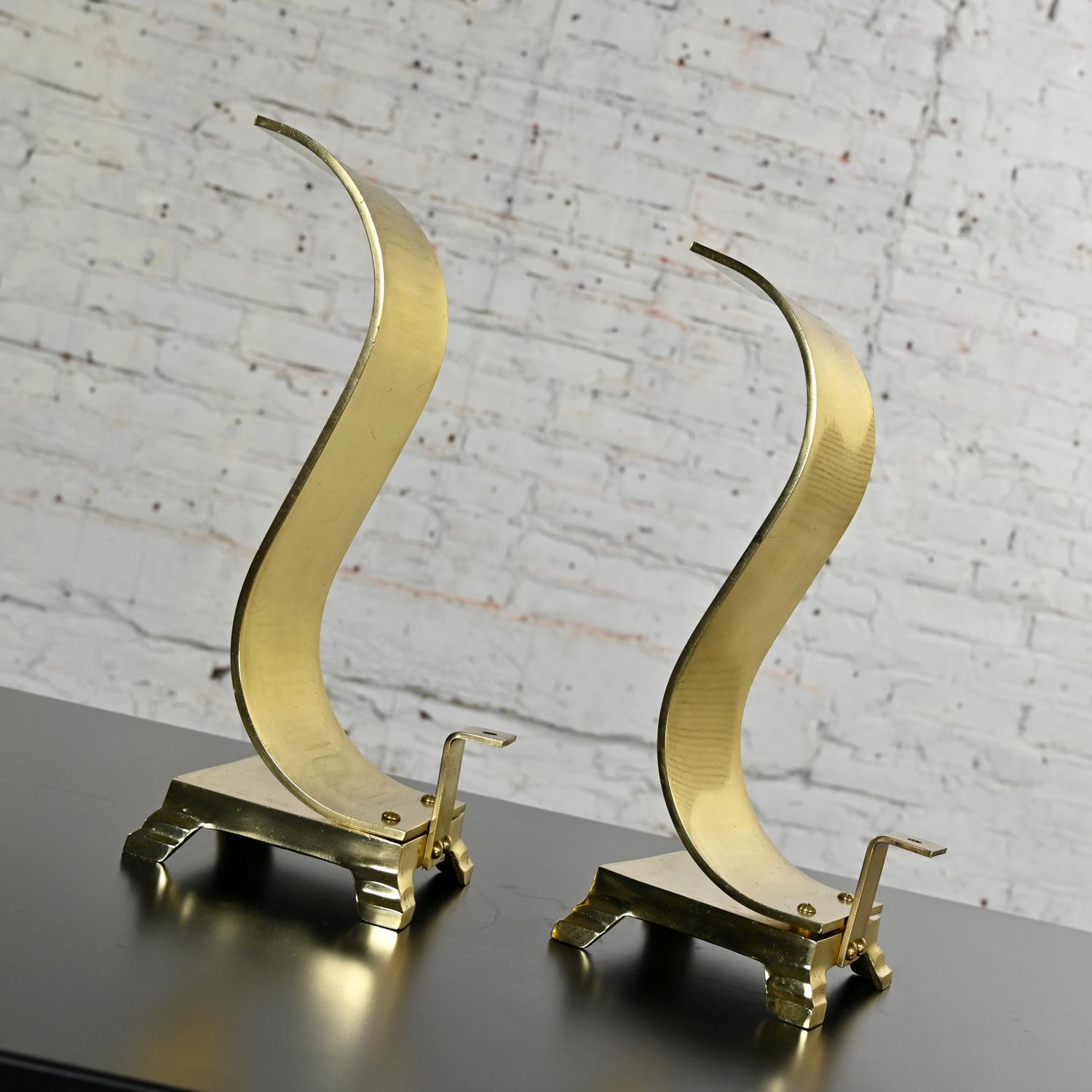 1960-1970’s MCM to Modern Andirons or Firedogs Solid Brass Wave Scroll or S Shap For Sale 5