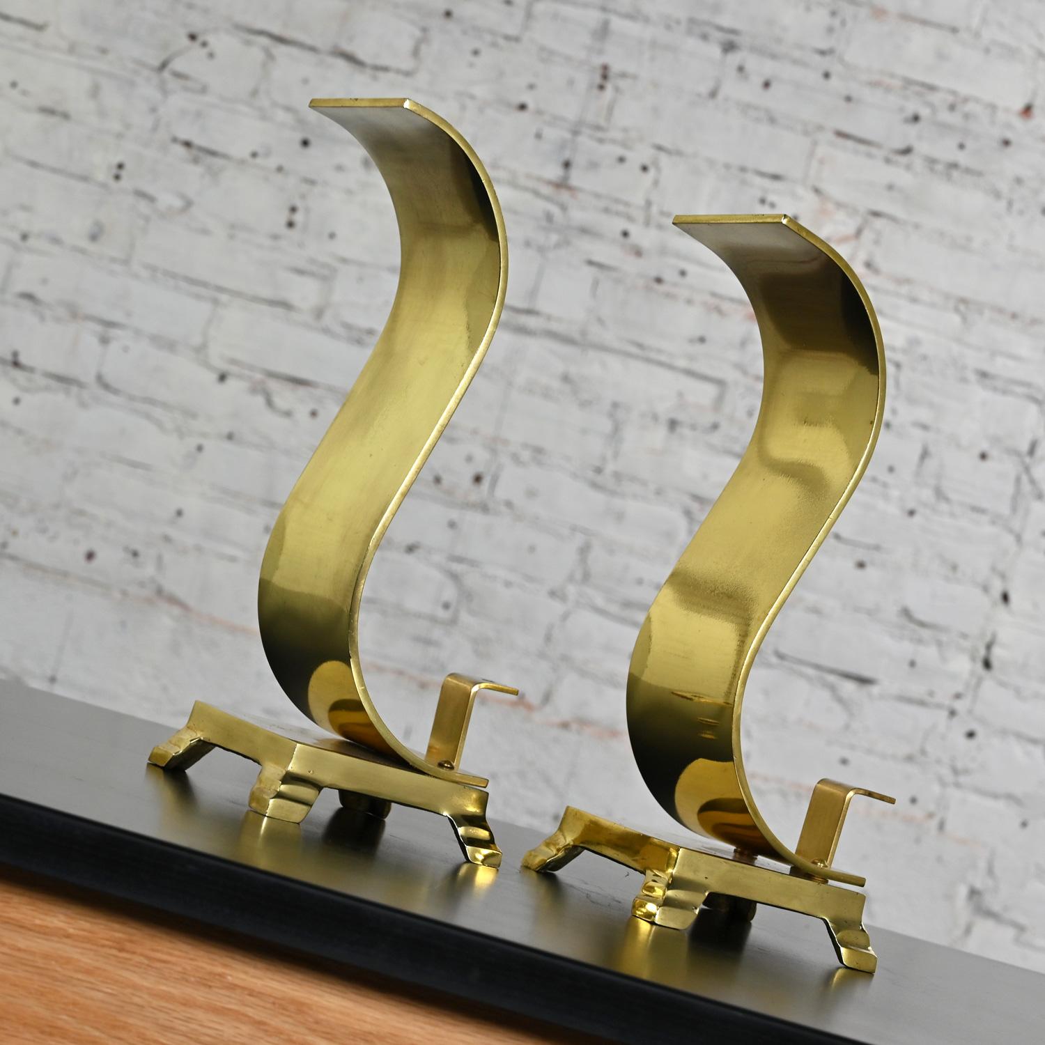 1960-1970’s MCM to Modern Andirons or Firedogs Solid Brass Wave Scroll or S Shap For Sale 6