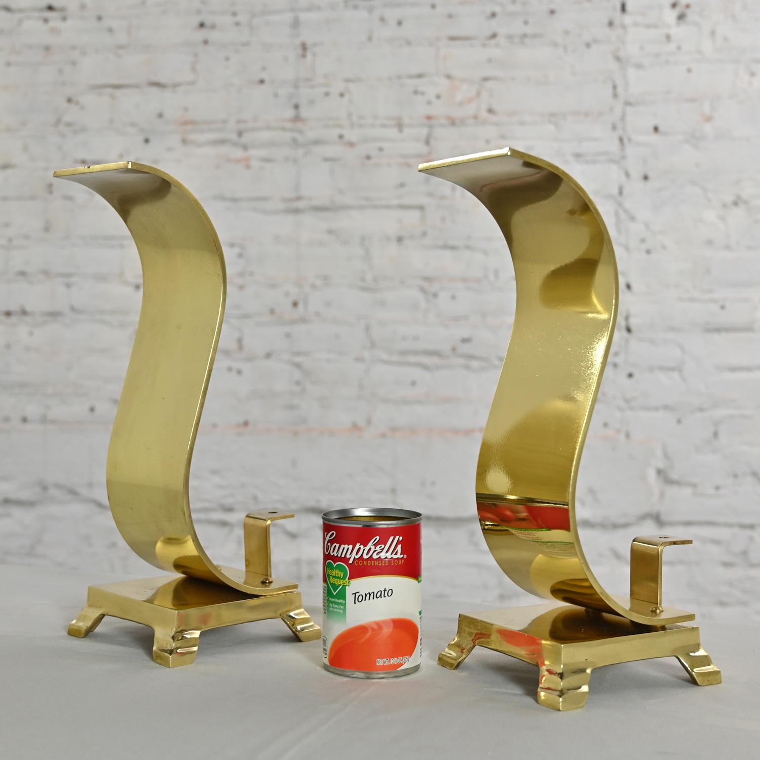 1960-1970’s MCM to Modern Andirons or Firedogs Solid Brass Wave Scroll or S Shap For Sale 10