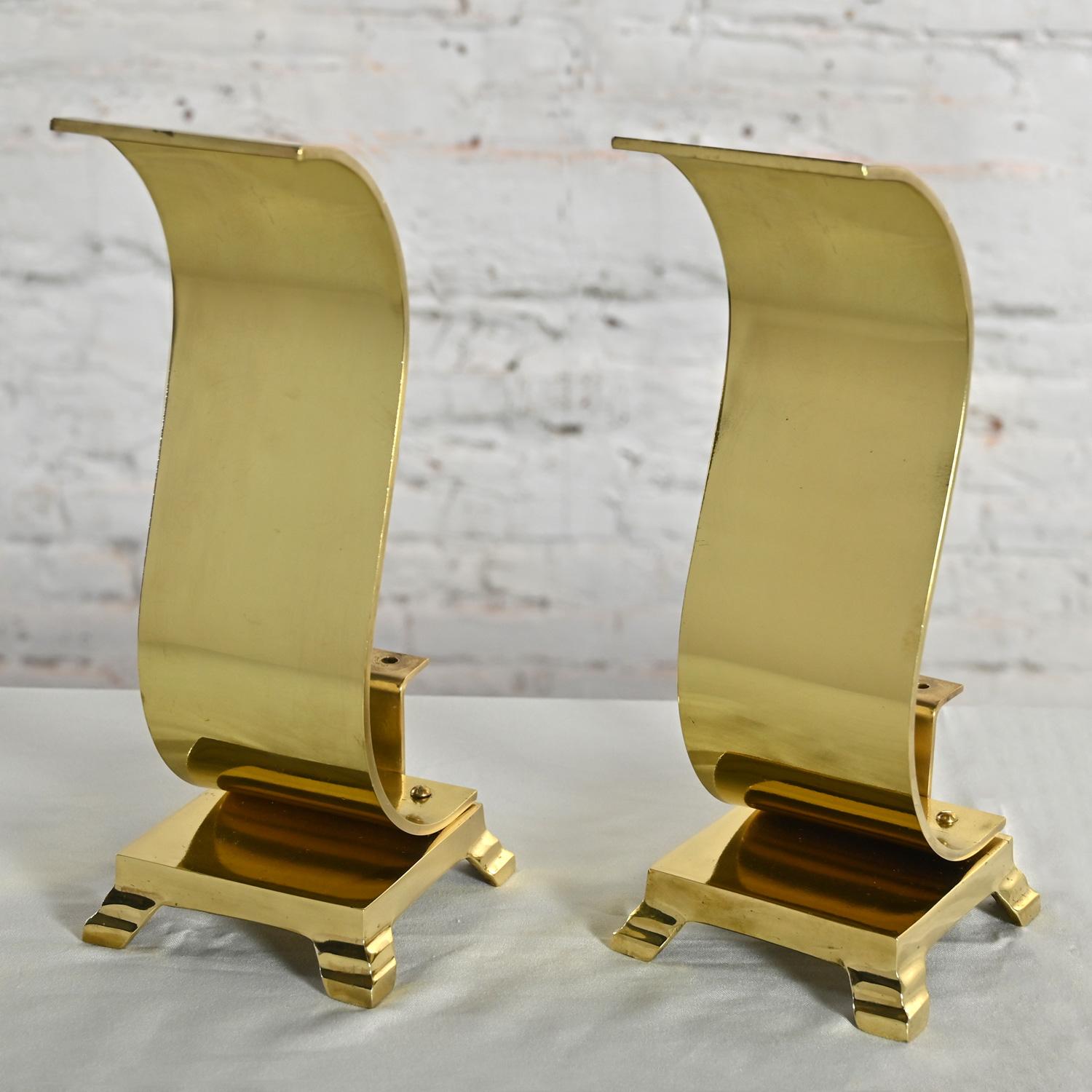 1960-1970’s MCM to Modern Andirons or Firedogs Solid Brass Wave Scroll or S Shap For Sale 11