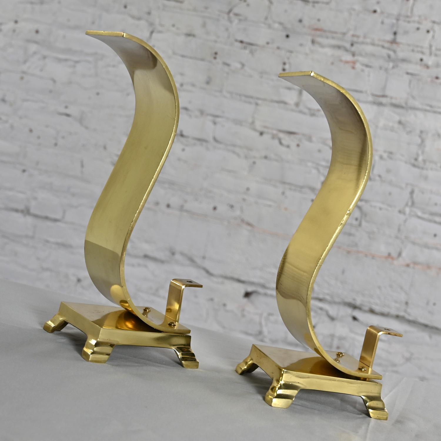 20th Century 1960-1970’s MCM to Modern Andirons or Firedogs Solid Brass Wave Scroll or S Shap For Sale