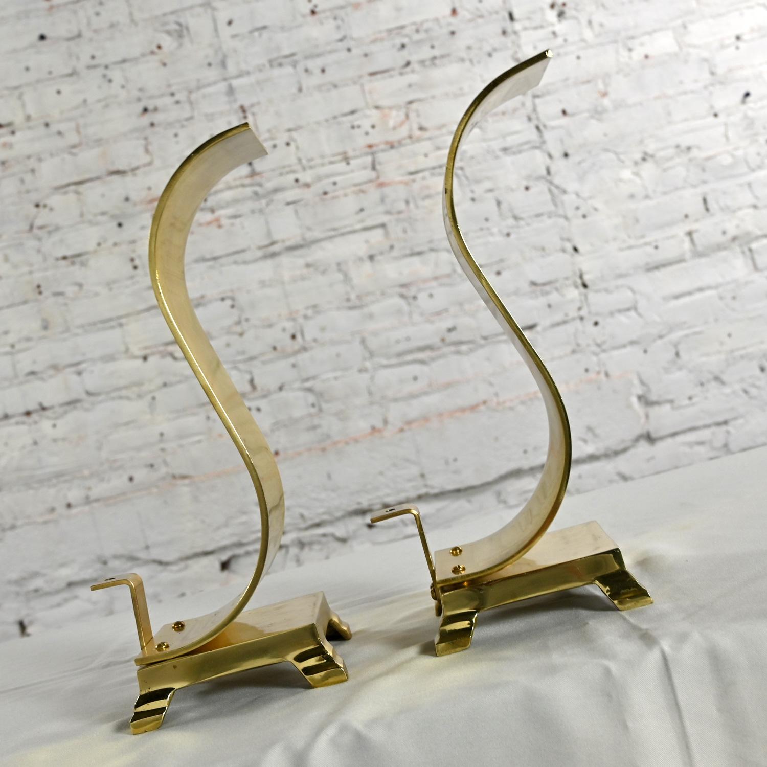1960-1970’s MCM to Modern Andirons or Firedogs Solid Brass Wave Scroll or S Shap For Sale 1