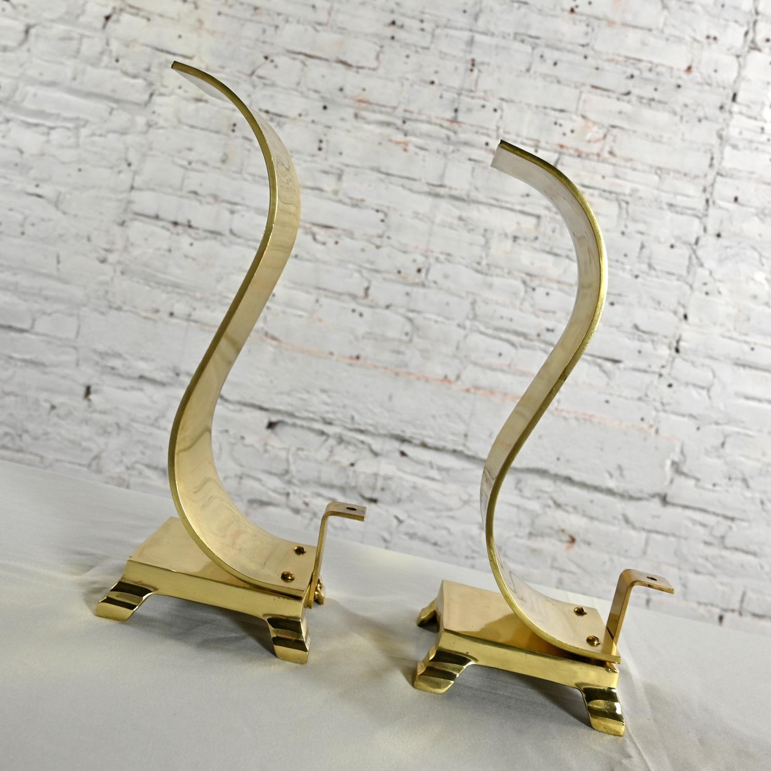 1960-1970’s MCM to Modern Andirons or Firedogs Solid Brass Wave Scroll or S Shap For Sale 2