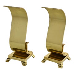 Andironi moderni o focolari in ottone massiccio con volute a onda o S Shap degli anni 1960-1970.