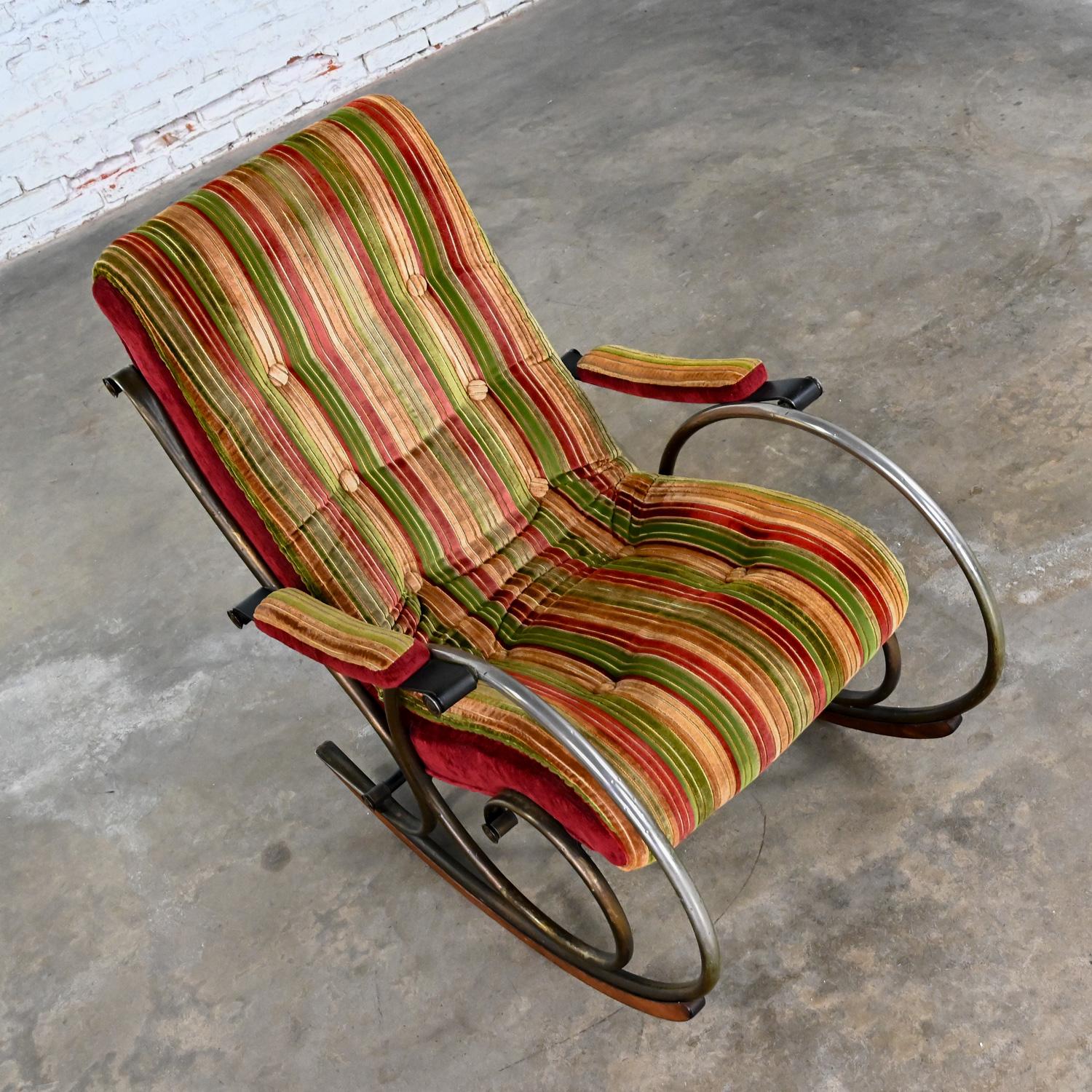 American 1960-1970’s Neoclassic Rocking Chair by Lee Woodard Metal Frame & Striped Velvet For Sale