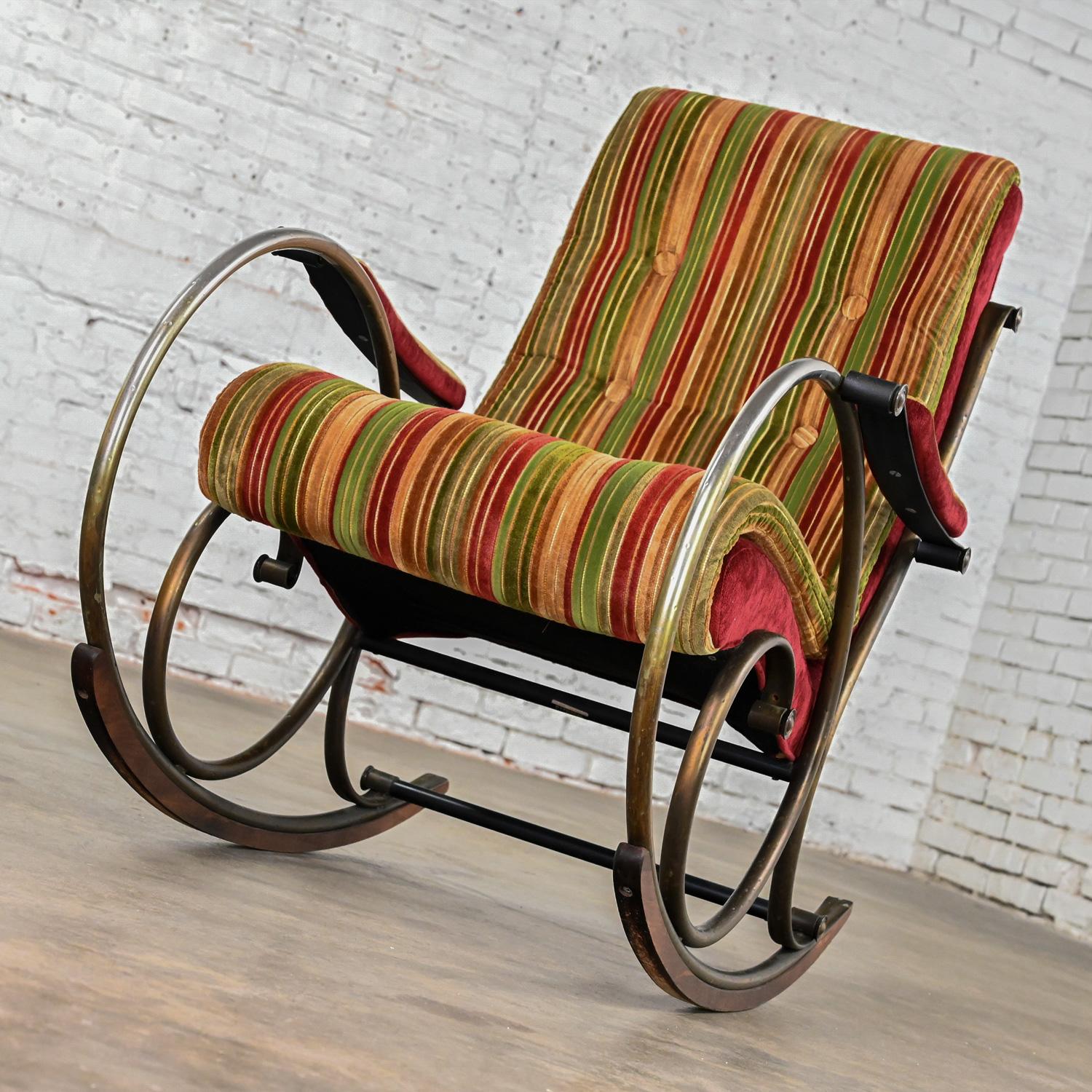 Hammered 1960-1970’s Neoclassic Rocking Chair by Lee Woodard Metal Frame & Striped Velvet For Sale