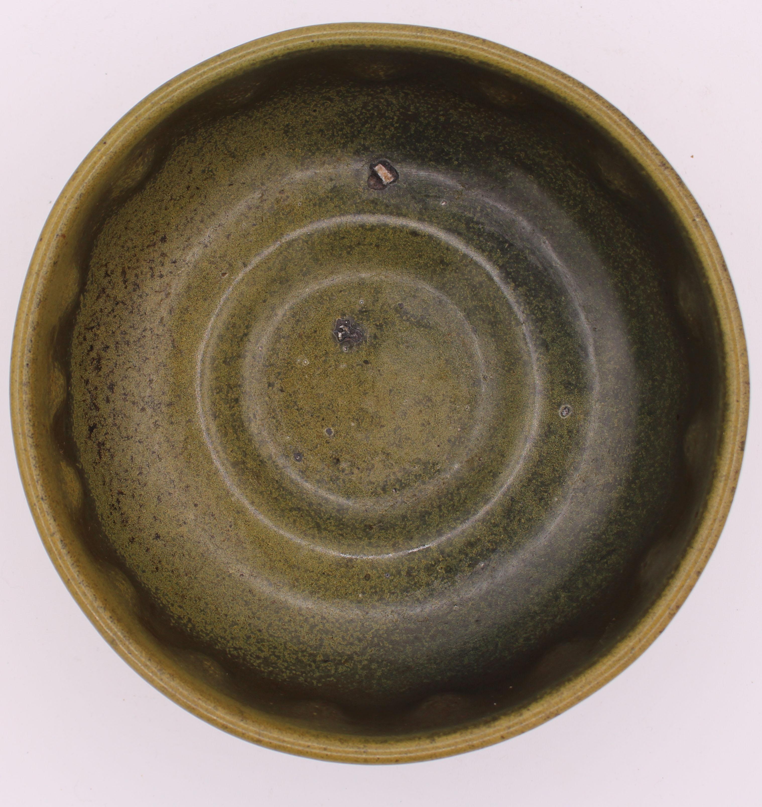 1960-1972 frogskin glaze pottery bowl by Ben Owen I, Seagrove, NC. Charming deep thumbprint decoration bowl. Marked 