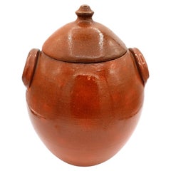Vintage 1960-1972 Pumpkin Glazed Double-Handled Lidded Pottery Jar by Ben Owen I